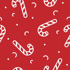 Christmas seamless pattern in white and red traditional colors. Simple clean monoline illustrations. Wrapping paper design or fabric textile holidays idea. Candy and confetti decoration