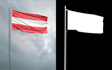 3d illustration of the state flag of the Republic of Austria moving in the wind at the flagpole in front of a cloudy sky with its alpha channel