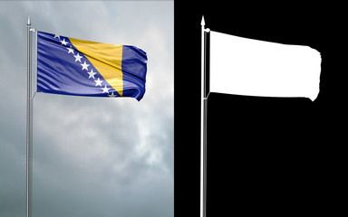 3d illustration of the state flag of Bosnia and Herzegovina moving in the wind at the flagpole in front of a cloudy sky with its alpha channel