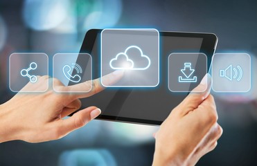 Woman holding   digital tablet on background