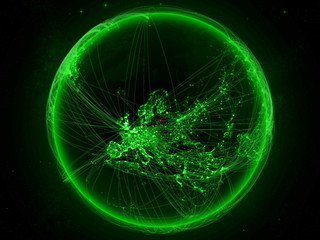 Latvia from space on planet Earth with green network representing international communication, technology and travel.