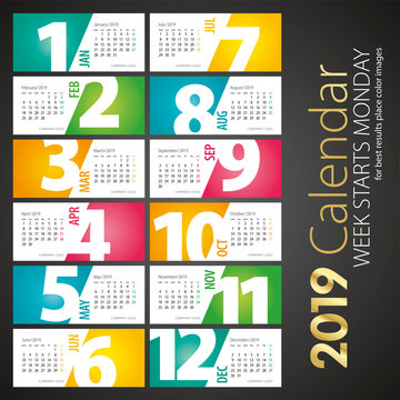 New Year 2019 Desk Calendar monthly negative space numbers cut off sideways color landscape background