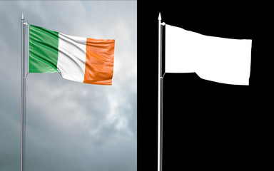 3d illustration of the state flag of the Commonwealth of the Republic of Ireland moving in the wind at the flagpole in front of a cloudy sky with its alpha channel