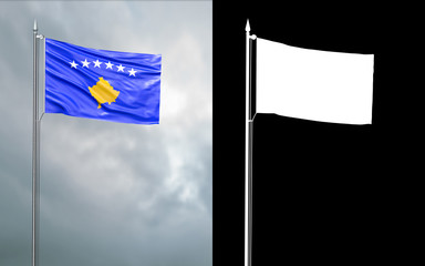 3d illustration of the state flag of the Republic of Kosovo moving in the wind at the flagpole in front of a cloudy sky with its alpha channel