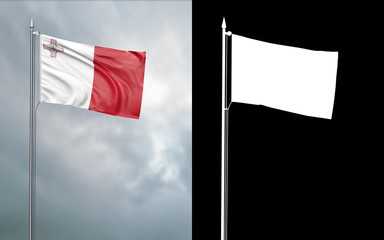 3d illustration of the state flag of the Republic of Malta moving in the wind at the flagpole in front of a cloudy sky with its alpha channel