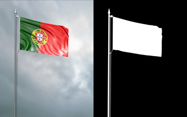 3d illustration of the state flag of the Portuguese Republic moving in the wind at the flagpole in front of a cloudy sky with its alpha channel