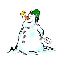 Happy merry snowman holding shovel behind him with butterfly on his nose.