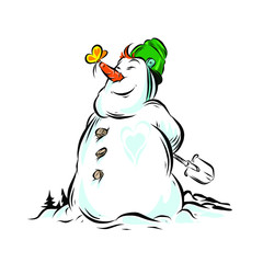 Happy merry snowman holding shovel behind him with butterfly on his nose.
