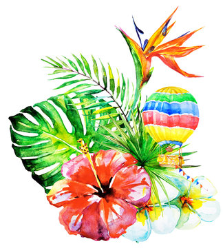 beautiful tropical palm leaves and flowers, watercolor