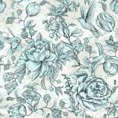 Schilderijen op glas Colorful seamless floral pattern. Flowers wallpaper, nature provence style. Wallaper with peonies © sunny_lion