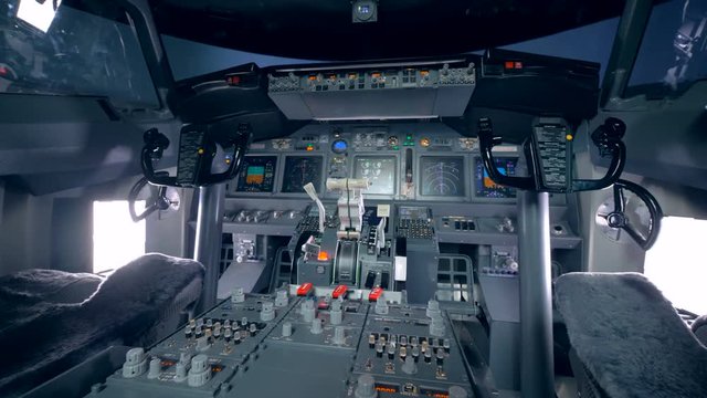 An empty cockpit of airplane.