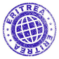 ERITREA stamp imprint with grunge texture. Blue vector rubber seal imprint of ERITREA label with dust texture. Seal has words arranged by circle and planet symbol.