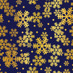 Golden navy Christmas snowflakes seamless pattern. Great for winter holidays wallpaper, backgrounds, invitations, packaging design projects. Surface pattern design.