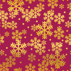 Golden red Christmas snowflakes seamless pattern. Great for winter holidays wallpaper, backgrounds, invitations, packaging design projects. Surface pattern design.
