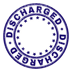 DISCHARGED stamp seal watermark with grunge texture. Designed with circles and stars. Blue vector rubber print of DISCHARGED caption with dust texture.