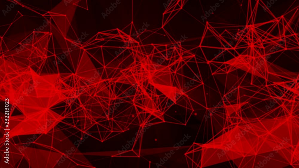 Poster red particles and triangles fly slowly against a black background. 3d rendering