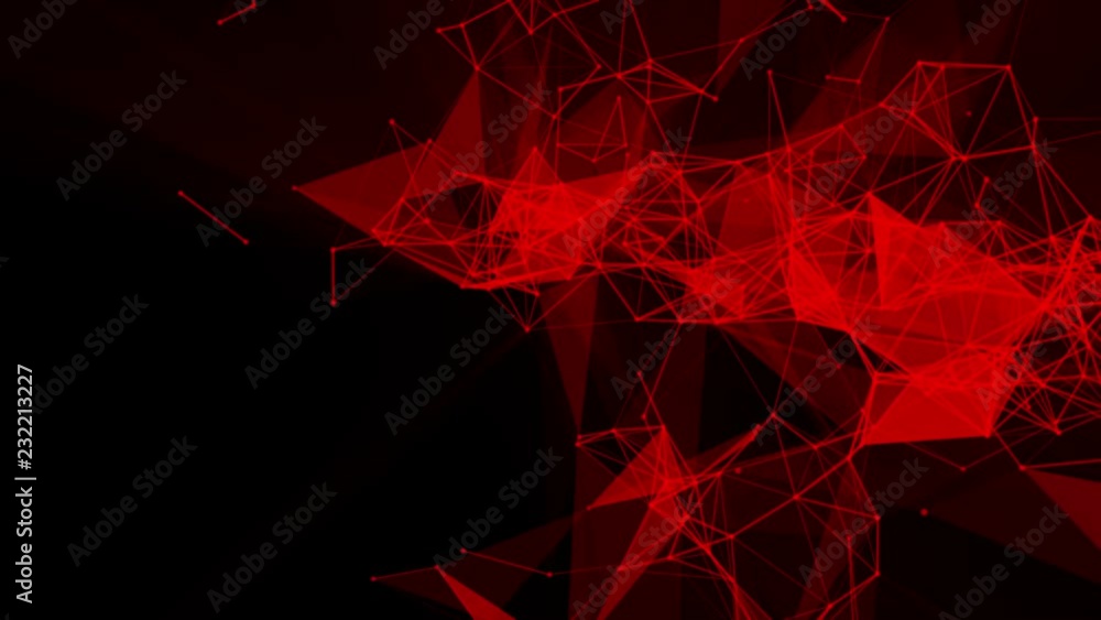Poster red particles and triangles fly slowly against a black background. 3d rendering