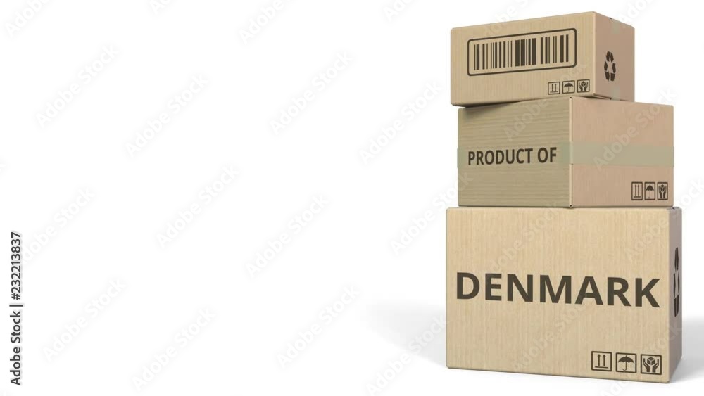 Poster boxes with product of denmark caption. 3d animation