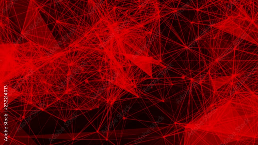 Poster red particles and triangles fly slowly against a black background. 3d rendering