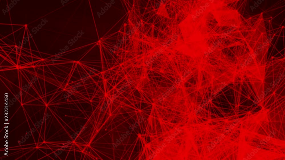 Poster red particles and triangles fly slowly against a black background. 3d rendering