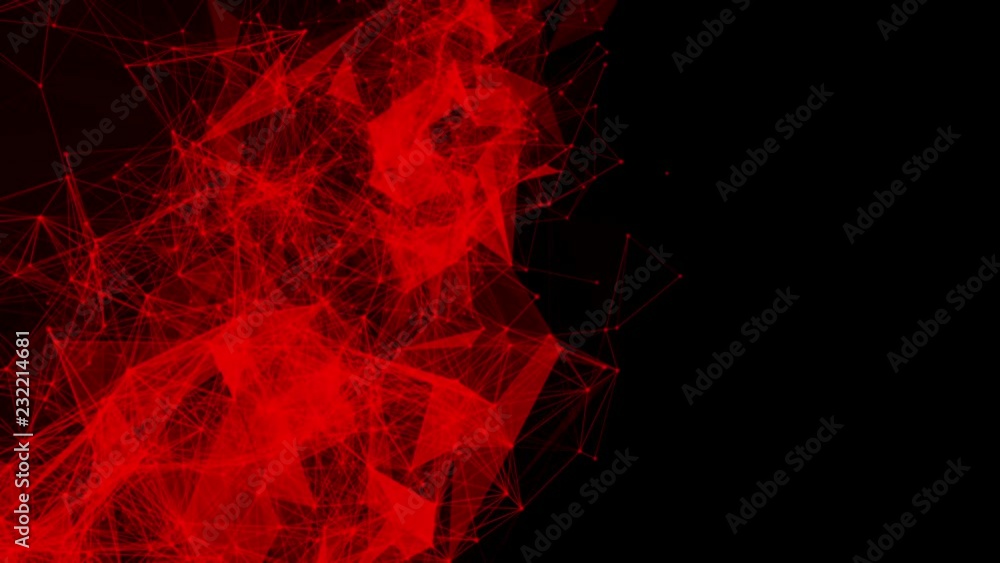 Poster red particles and triangles fly slowly against a black background. 3d rendering