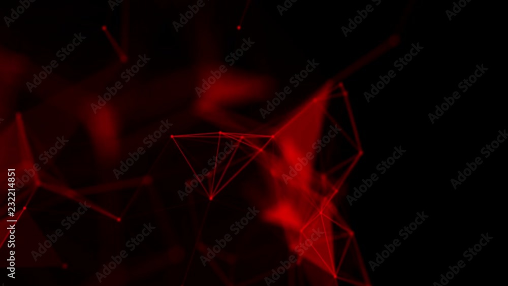 Poster red particles and triangles fly slowly against a black background. 3d rendering