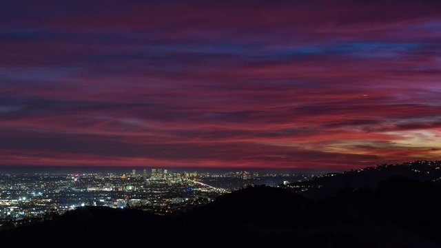 Los Angeles Hollywood Hills and Century City after Sunset Pink Clouds Timelapse