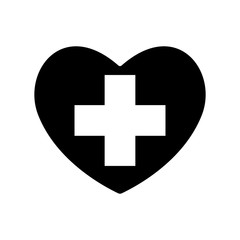 Obraz premium Heart vector black icon, Love symbol. Plus sign or a cross in heart. Valentines day sign, emblem, Flat style for graphic and web design, logo vector icon. Healthcare
