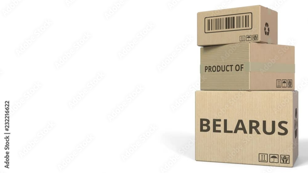 Poster falling boxes with product of belarus text. conceptual 3d animation