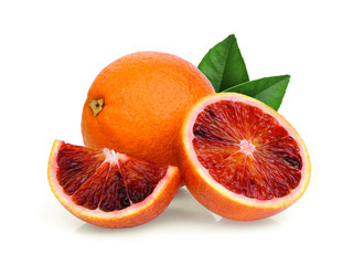 whole and half with slice blood orange with green leaf isolated on white background