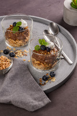 Glass cups of chocolate and chestnuts mousse