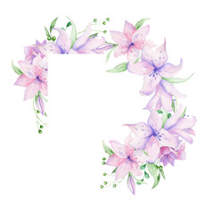 Naklejka premium Floral frame with pink flowers and decorative leaves. Watercolor Invitation design. Background to save the date.Greeting cards with pink flowers.