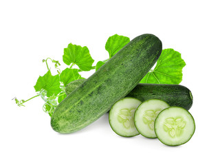 whole and slices cucumber with green leaf isolated on white background
