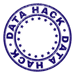 DATA HACK stamp seal watermark with grunge texture. Designed with circles and stars. Blue vector rubber print of DATA HACK tag with grunge texture.