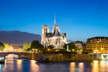 Fototapeta na wymiar Notre Dame de Paris with cruise ship on Seine river at night in Paris, France