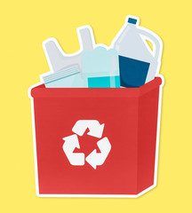 Plastic in a red recycling bin