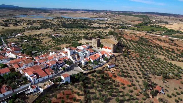 Aerial view of Terena. Castle in Alentejo, Portugal. 4k Drone Video