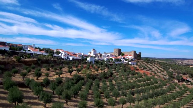 Aerial view of Terena. Castle in Alentejo, Portugal. 4k Drone Video