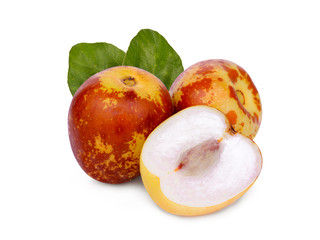 chinese jujubes with green leaf isolated on white background