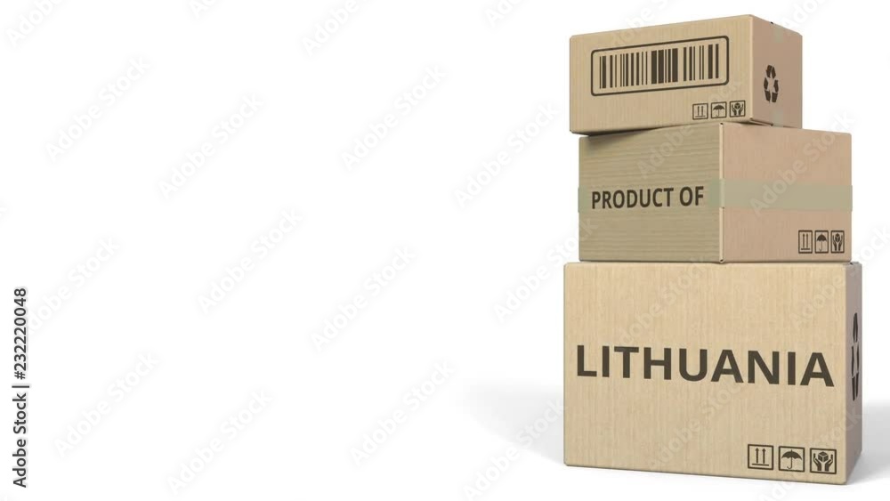 Poster falling boxes with product of lithuania text. conceptual 3d animation