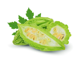 bitter melon, balsam pear, bitter cucumber or bitter gourd with leaf isolated on white background