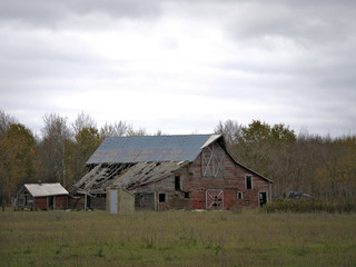 Fototapeta na wymiar Drab Abandoned Dilapidated Farm Barn and Shed with clouds in northern Minnesota
