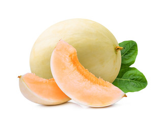 whole and slices honeydew cantalupe melon(sunlady) with green leaf isolated on white background