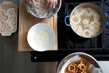 onion rings prepping and frying