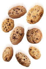 American cookies falling on isolated white background. Cookie shower