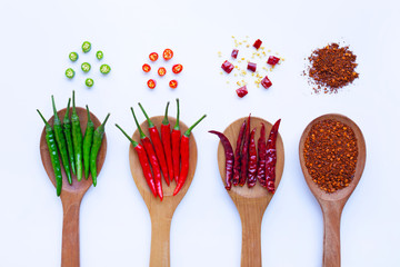 Hot chili pepper on  wooden spoon, white background.