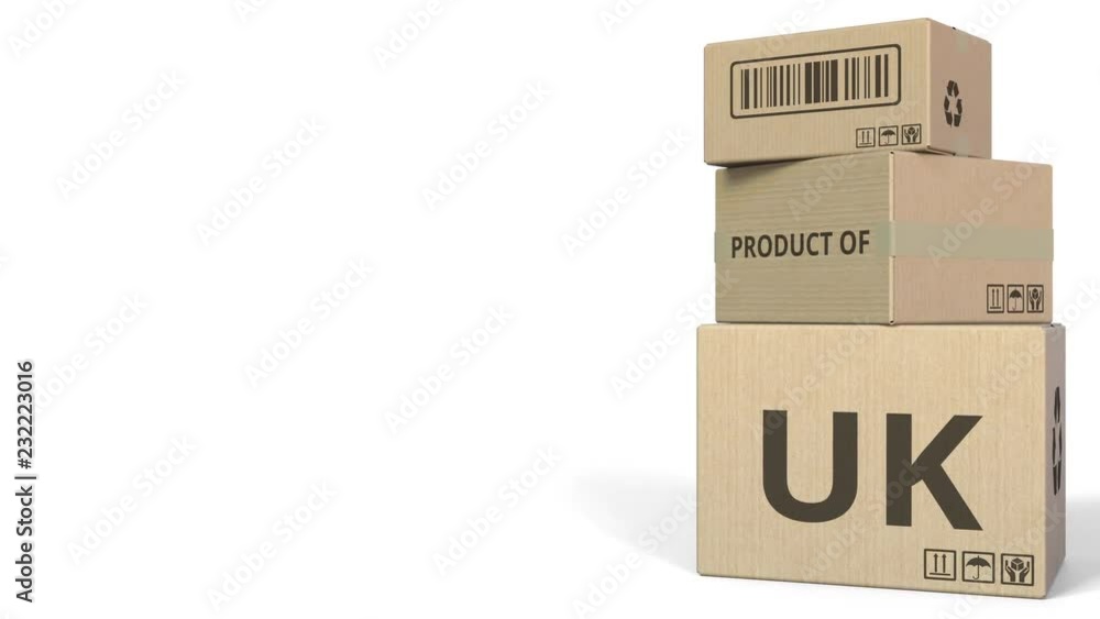 Poster falling boxes with product of uk text. conceptual 3d animation