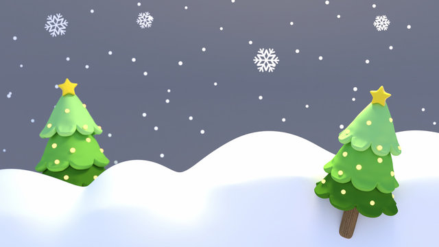 Cartoon Christmas trees in the snow. Happy Holidays and Merry Christmas greetings. 3d rendering picture.