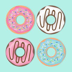 Set of fancy donut on green background. Vector illustration