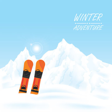 Winter adventure conceptual, snowboard against winter landscape.